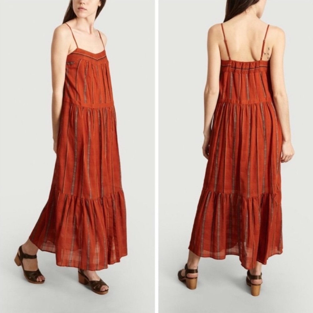 BA&SH Kyo Tiered Cotton Sleeveless Maxi Dress Caramel Brick Stripe Women's 6 - Picture 2 of 14